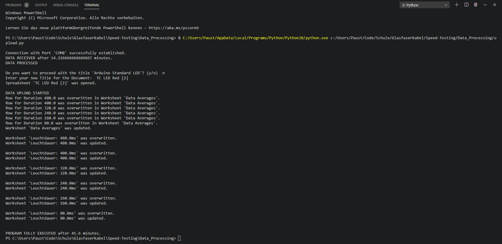 Konsolenausgaben beim Daten-Upload mit Überschreibung